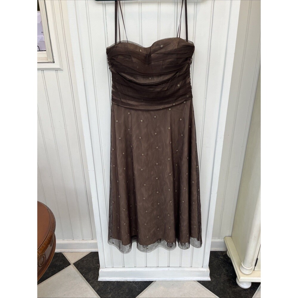 Eliza J 12 Brown Tulle Strapless Dress Gold Polka Dots Nude Lining Party Bustier